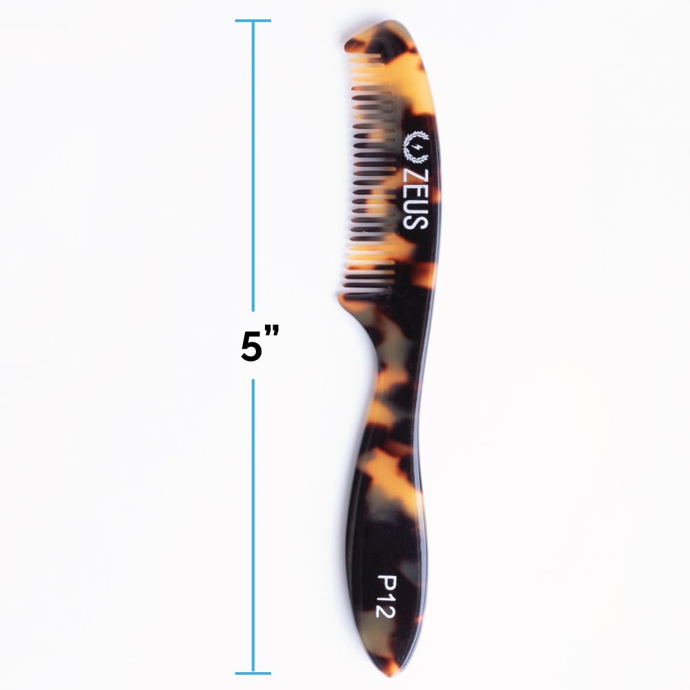 ZEUS Large Mustache Comb, Long Handle Handmade Saw Cut Mustache Comb for Men (Tortoiseshell) P12
