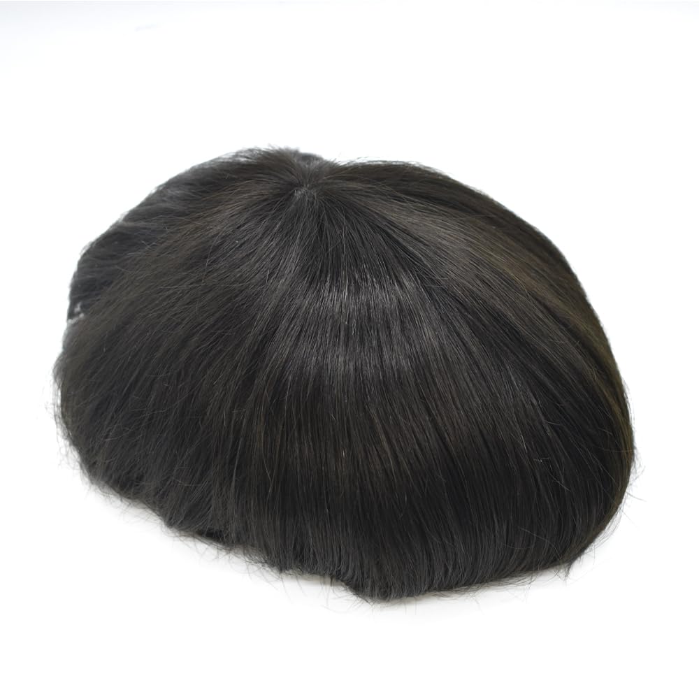 Hair Wonders PU Toupee For Mens Hair Piece Real Human Hair Poly Skin Mens Toupee Hair System For Men Hair Piece For Men Hair Replacement Natural Hairline 8x10Inch Medium light density 1# JET BLACK