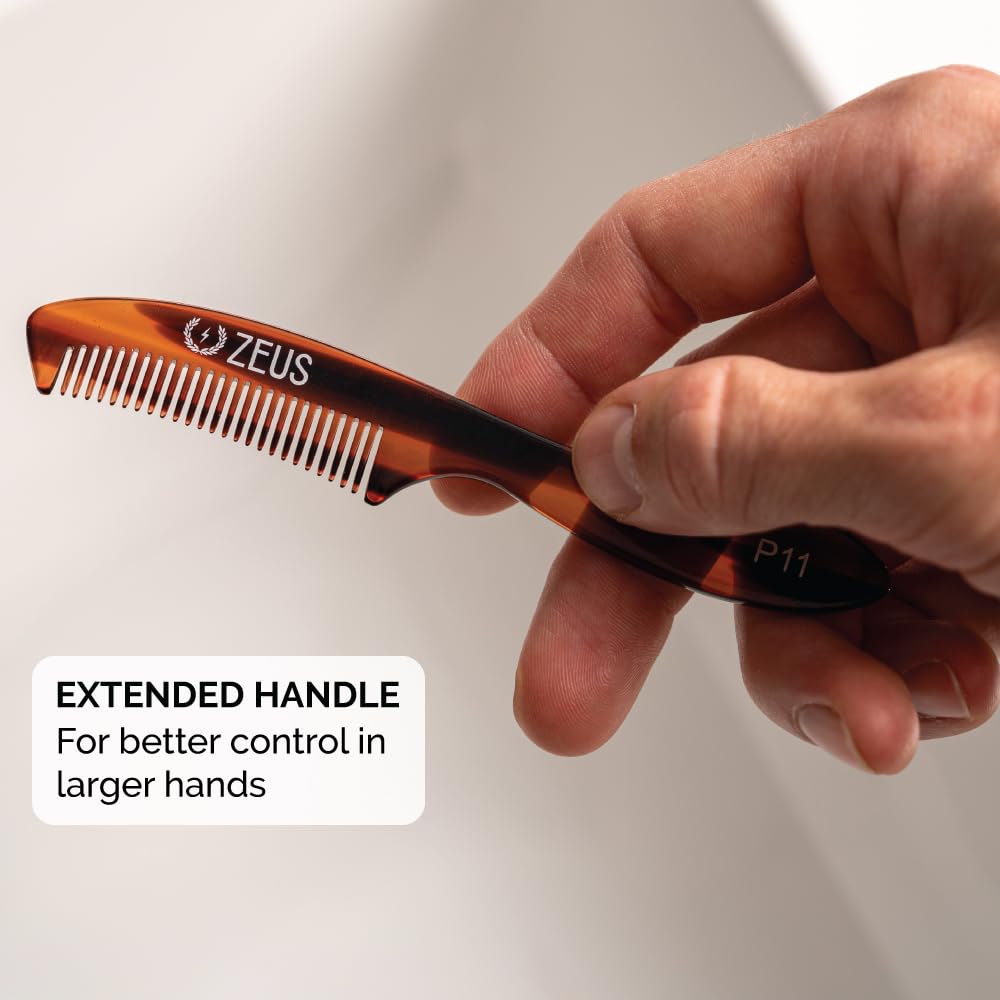 ZEUS Large Mustache Comb, Long Handle Handmade Saw Cut Mustache Comb for Men (Tortoiseshell) P12