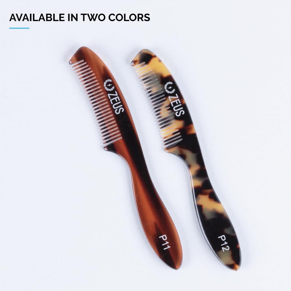 ZEUS Large Mustache Comb, Long Handle Handmade Saw Cut Mustache Comb for Men (Tortoiseshell) P12