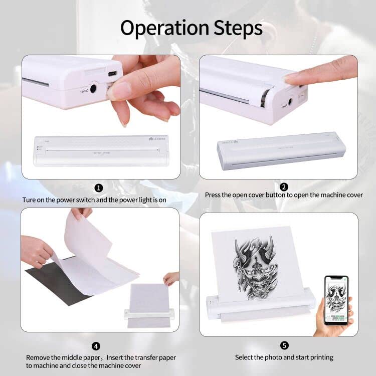 YTATTOO Cordless Tattoo Stencil Printer - Rechargeable Inkless Tattoo Printer- Bluetooth Tattoo Printer with 15pcs Tattoo Transfer Paper for Temporary and Permanent,Compatible with iOS Phon