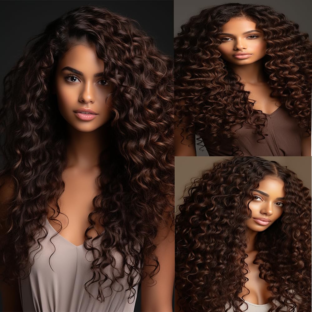 #4 Dark Brown Deep Curly Weave Bundles Human Hair Chocolate Brown Kinky Curly Bundles Double Weft Brazilian Remy Hair Extensions Wet and Wavy Bundles Silky Soft for Black Women(26 26 26 Inch)
