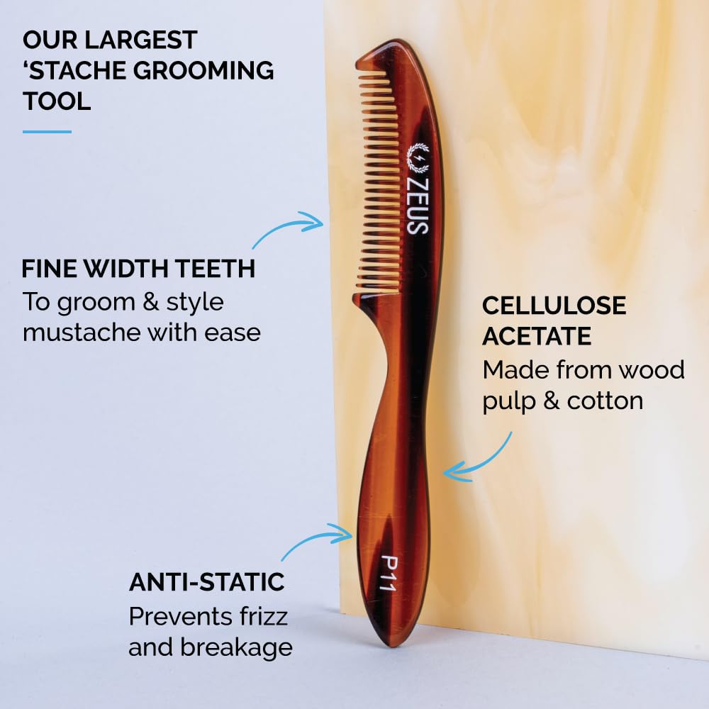 ZEUS Large Mustache Comb, Long Handle Handmade Saw Cut Mustache Comb for Men (Tortoiseshell) P12