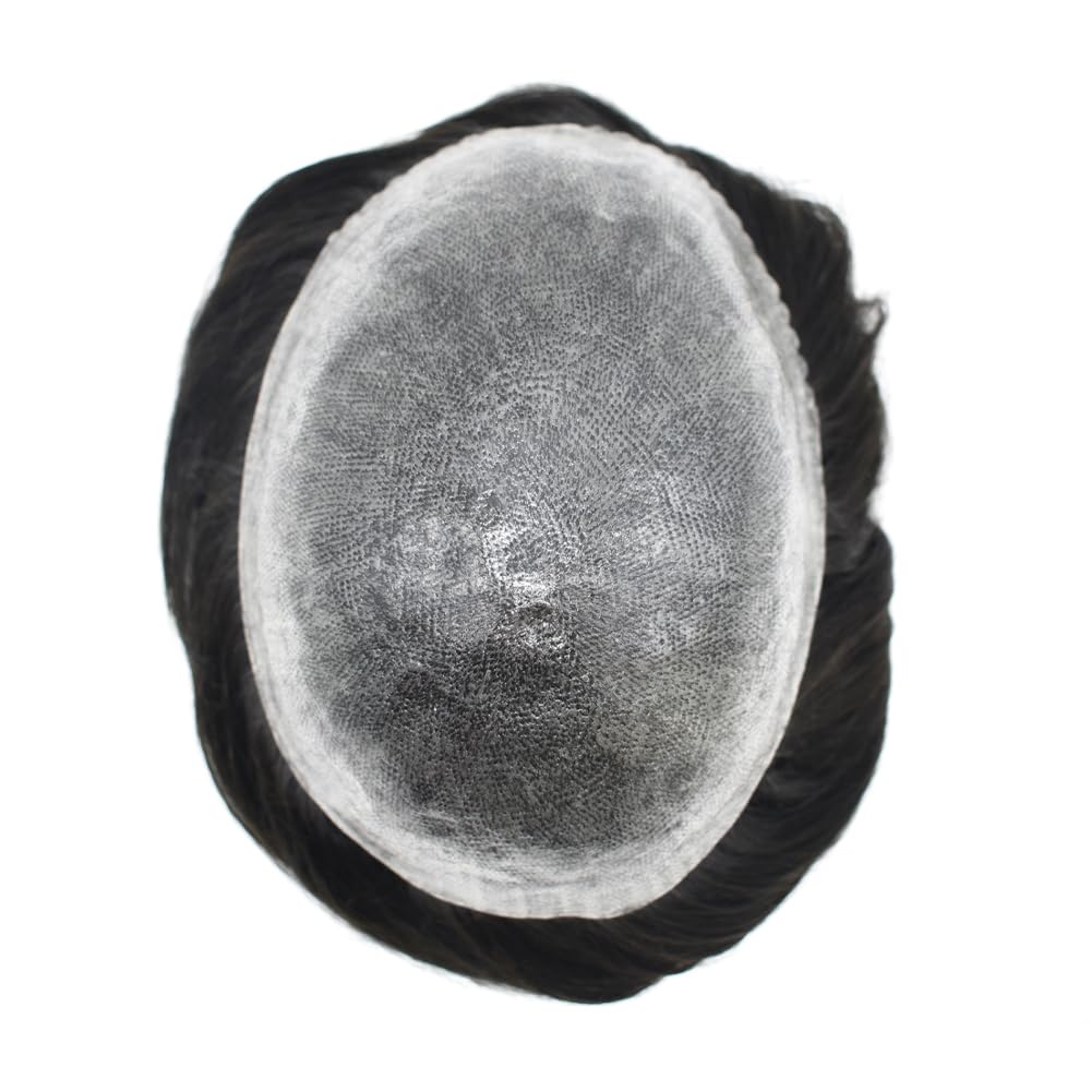 Hair Wonders PU Toupee For Mens Hair Piece Real Human Hair Poly Skin Mens Toupee Hair System For Men Hair Piece For Men Hair Replacement Natural Hairline 8x10Inch Medium light density 1# JET BLACK