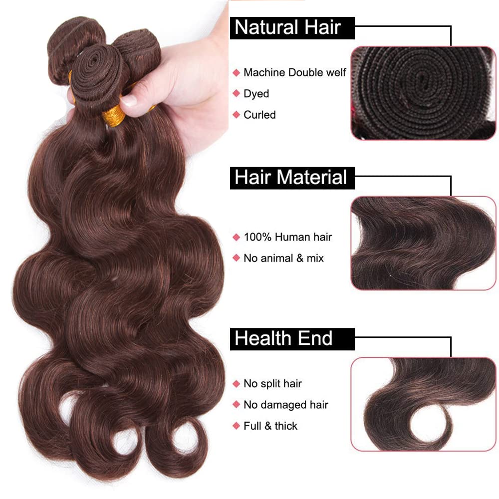 #4 Human Hair Bundles Dark Brown Body Wave Bundles Chocolate Brown Human Hair Double Weft Brazilian Remy Hair Extensions Wet and Wavy Bundles Silky Soft for Black Women(26 26 26 Inch 3 Bundles)