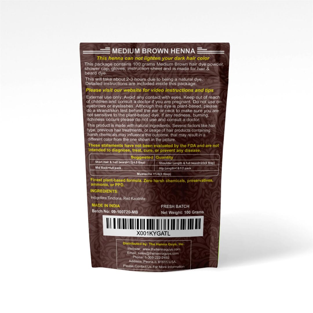 1 Pack Of Medium Brown Henna Hair & Beard Color/Dye 100 Grams - Natural Hair Color, Plant-based Hair Dye - The Henna Guys
