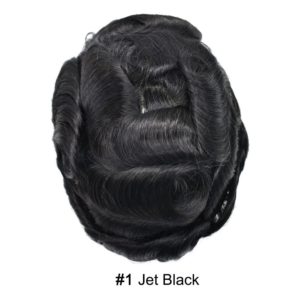 Hair Wonders PU Toupee For Mens Hair Piece Real Human Hair Poly Skin Mens Toupee Hair System For Men Hair Piece For Men Hair Replacement Natural Hairline 8x10Inch Medium light density 1# JET BLACK
