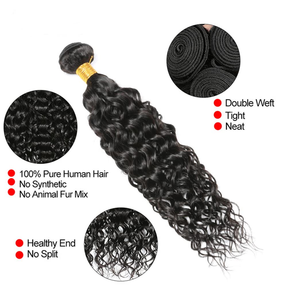#1B Deep Water Wave Bundles Human Hair Color 1B Water Curly Weave Bundles Double Weft Brazilian Remy Hair Weave Extensions Wet and Wavy Bundles Soft Silky for Black Women (26 28 30 inch,3 Bundles)