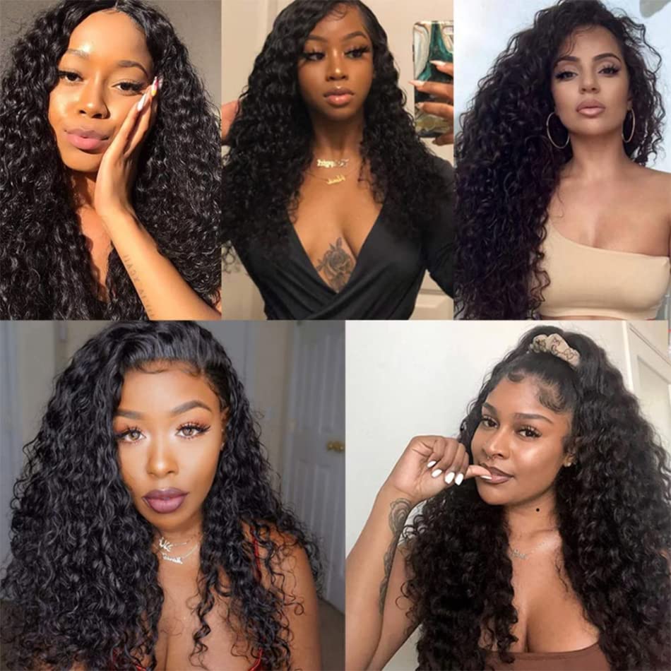 #1B Deep Water Wave Bundles Human Hair Color 1B Water Curly Weave Bundles Double Weft Brazilian Remy Hair Weave Extensions Wet and Wavy Bundles Soft Silky for Black Women (26 28 30 inch,3 Bundles)