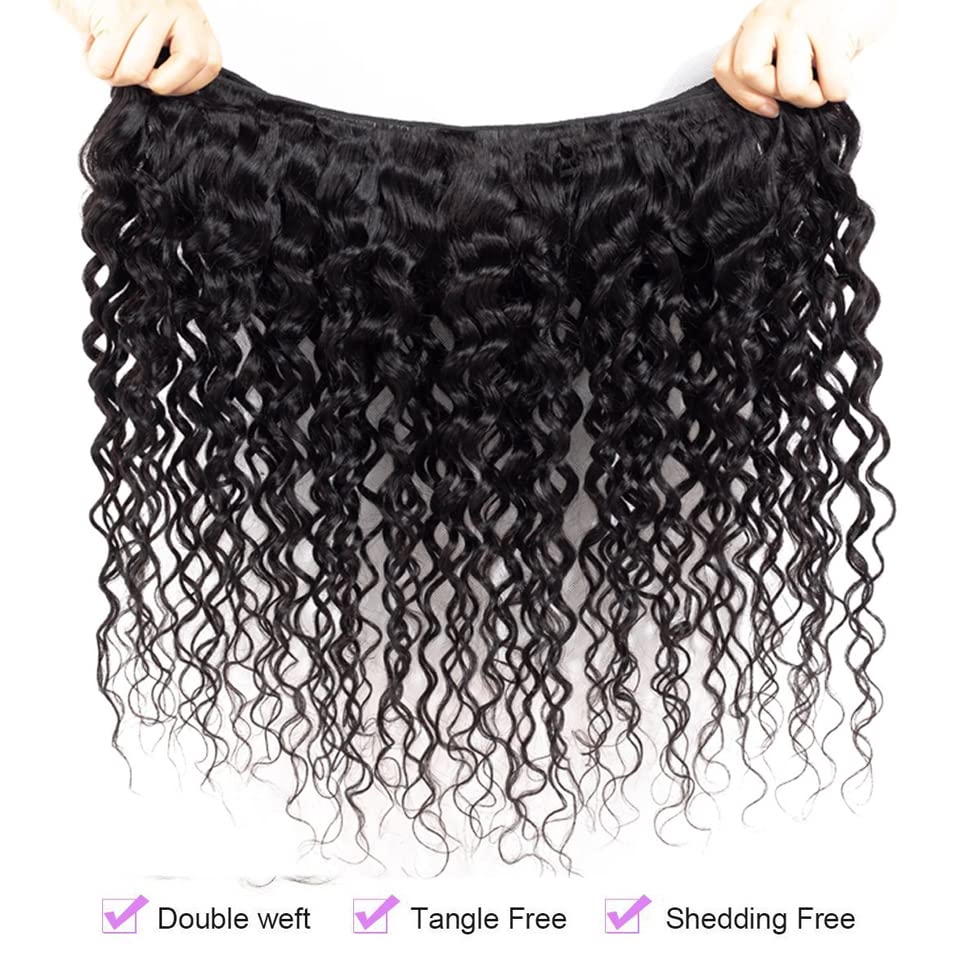 #1B Deep Water Wave Bundles Human Hair Color 1B Water Curly Weave Bundles Double Weft Brazilian Remy Hair Weave Extensions Wet and Wavy Bundles Soft Silky for Black Women (26 28 30 inch,3 Bundles)