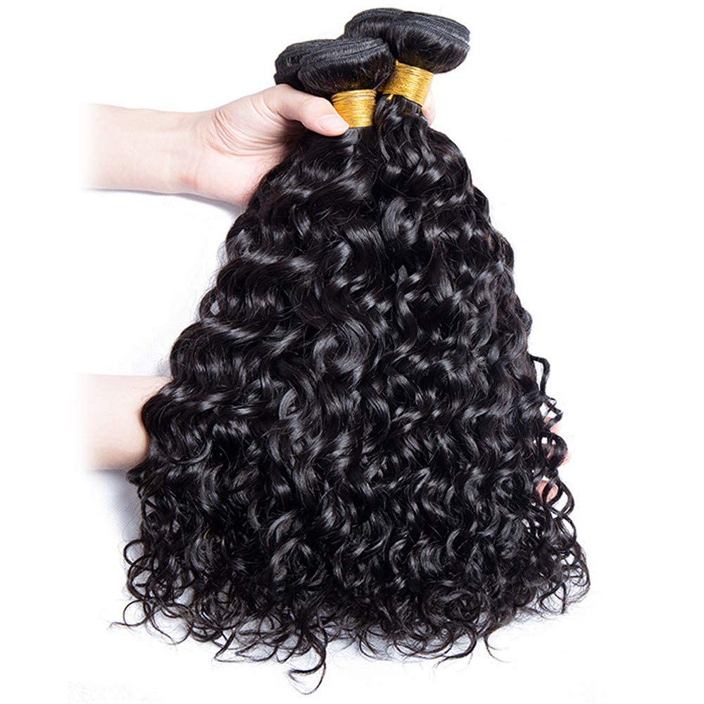 #1B Deep Water Wave Bundles Human Hair Color 1B Water Curly Weave Bundles Double Weft Brazilian Remy Hair Weave Extensions Wet and Wavy Bundles Soft Silky for Black Women (26 28 30 inch,3 Bundles)