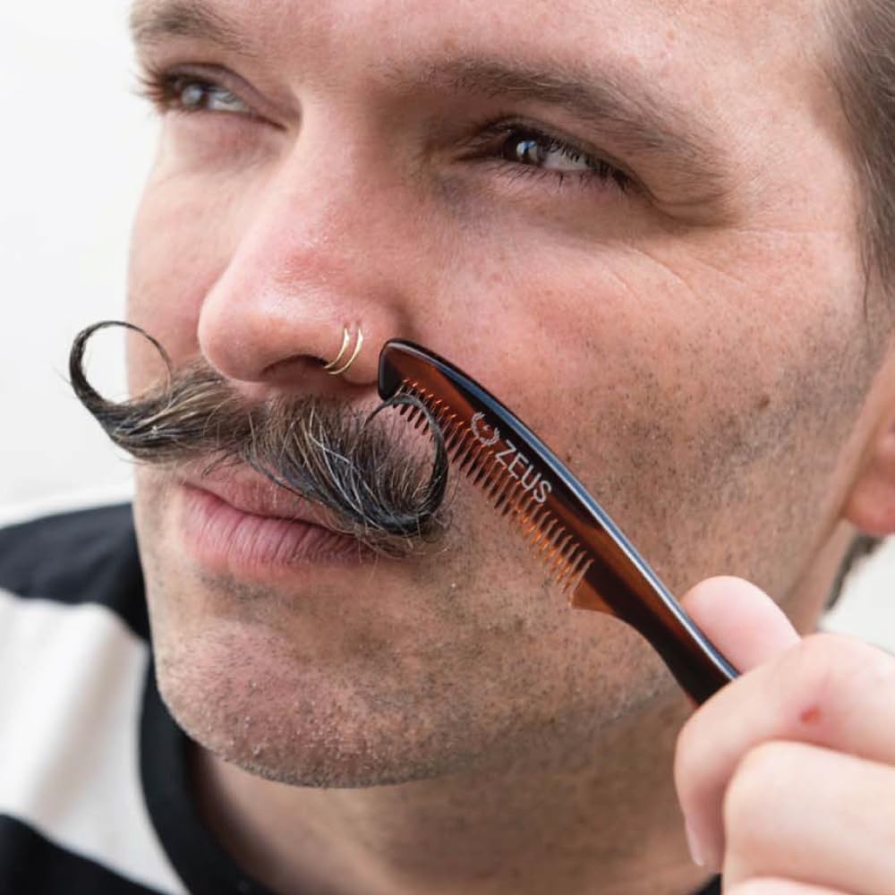 ZEUS Large Mustache Comb, Long Handle Handmade Saw Cut Mustache Comb for Men (Tortoiseshell) P12