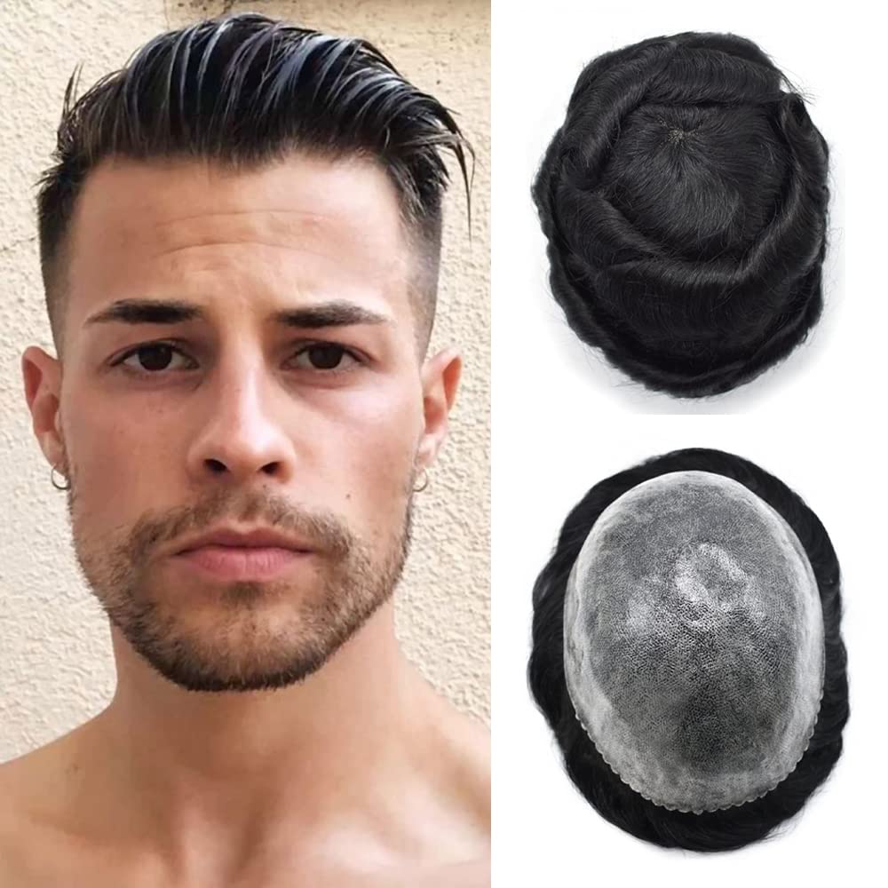 Hair Wonders PU Toupee For Mens Hair Piece Real Human Hair Poly Skin Mens Toupee Hair System For Men Hair Piece For Men Hair Replacement Natural Hairline 8x10Inch Medium light density 1# JET BLACK