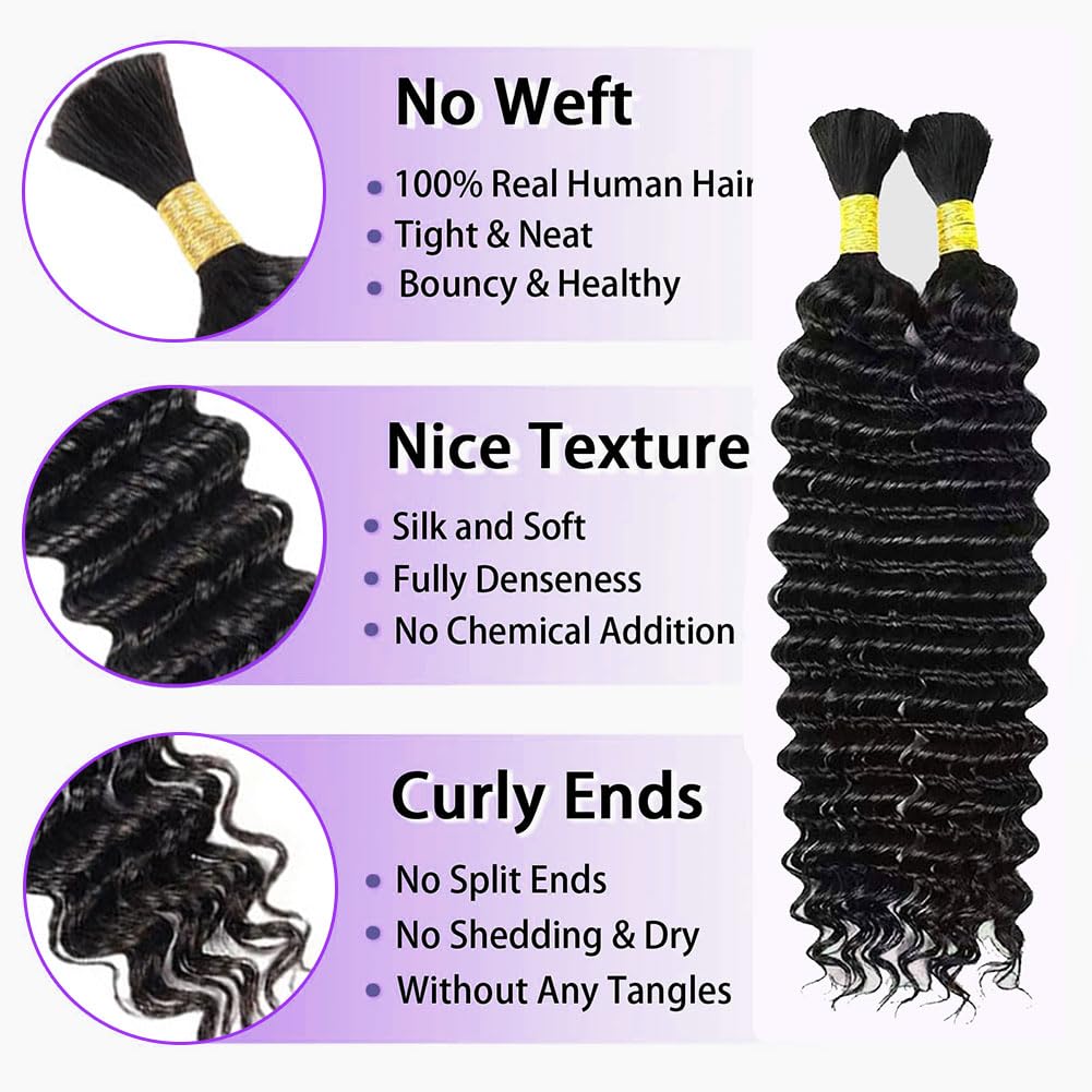 ZFY Human Braiding Hair 150g 22 Inch Deep Wave Bulk Human Hair for Braiding Boho Braids 100% Unprocessed Brazilian Virgin Human Hair Extensions No Weft 3 Bundle/Pack Natural Color