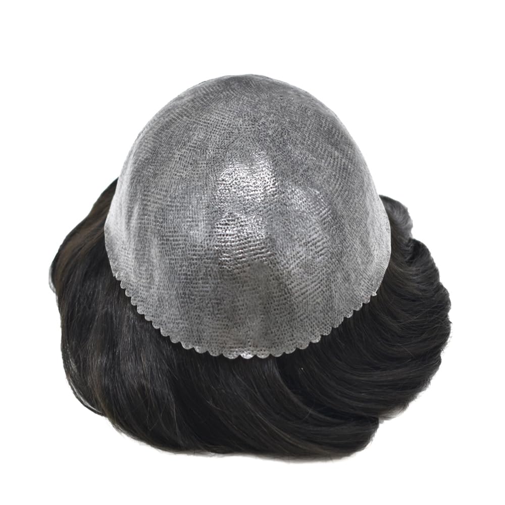 Hair Wonders PU Toupee For Mens Hair Piece Real Human Hair Poly Skin Mens Toupee Hair System For Men Hair Piece For Men Hair Replacement Natural Hairline 8x10Inch Medium light density 1# JET BLACK