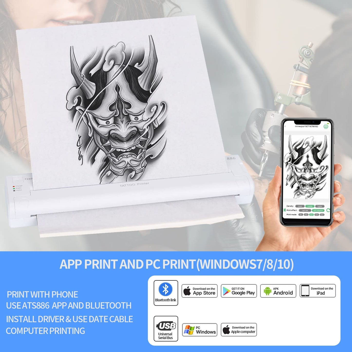 YTATTOO Cordless Tattoo Stencil Printer - Rechargeable Inkless Tattoo Printer- Bluetooth Tattoo Printer with 15pcs Tattoo Transfer Paper for Temporary and Permanent,Compatible with iOS Phon