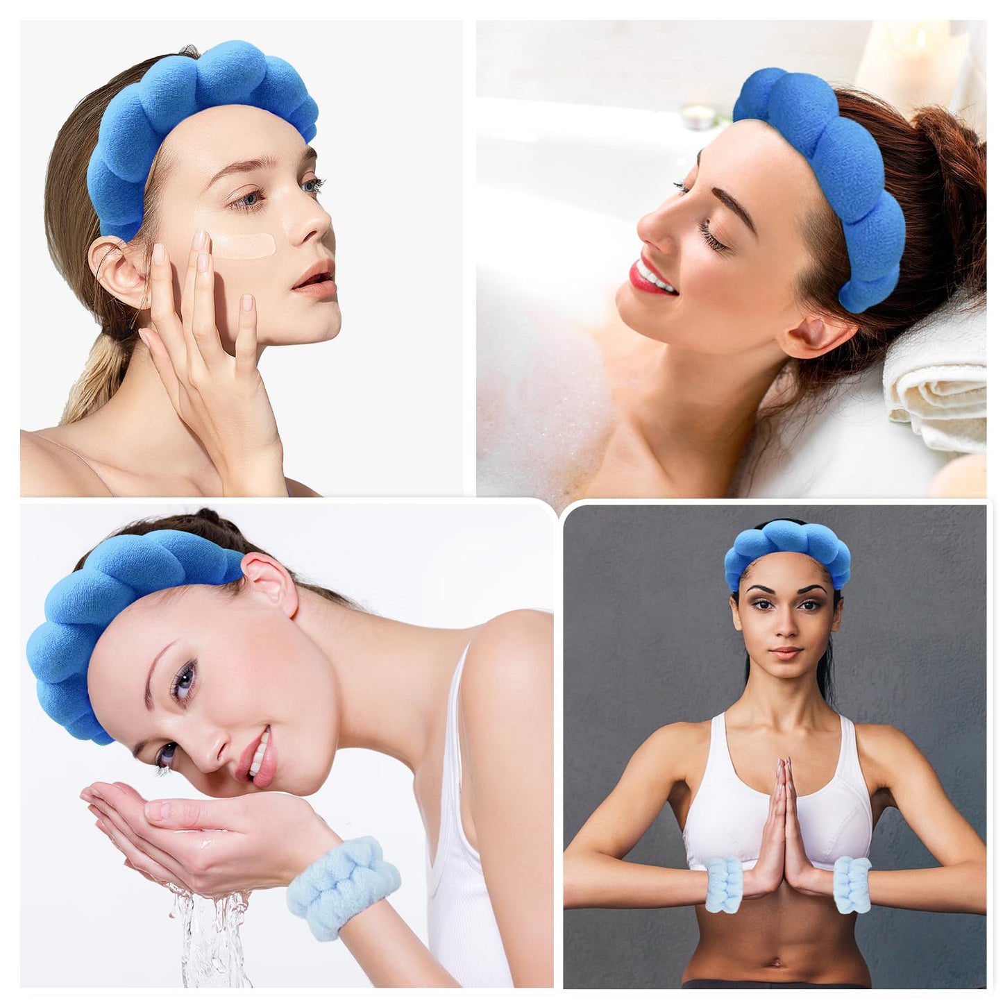 Zkptops Spa Headbands for Washing Face Wristband Set Sponge Makeup Skin Care Headband Towels Bubble Soft Hairband for Women Girls Puffy Headwear Winter Non Slip Thick Thin Hair Accessory(Dark Blue-3)