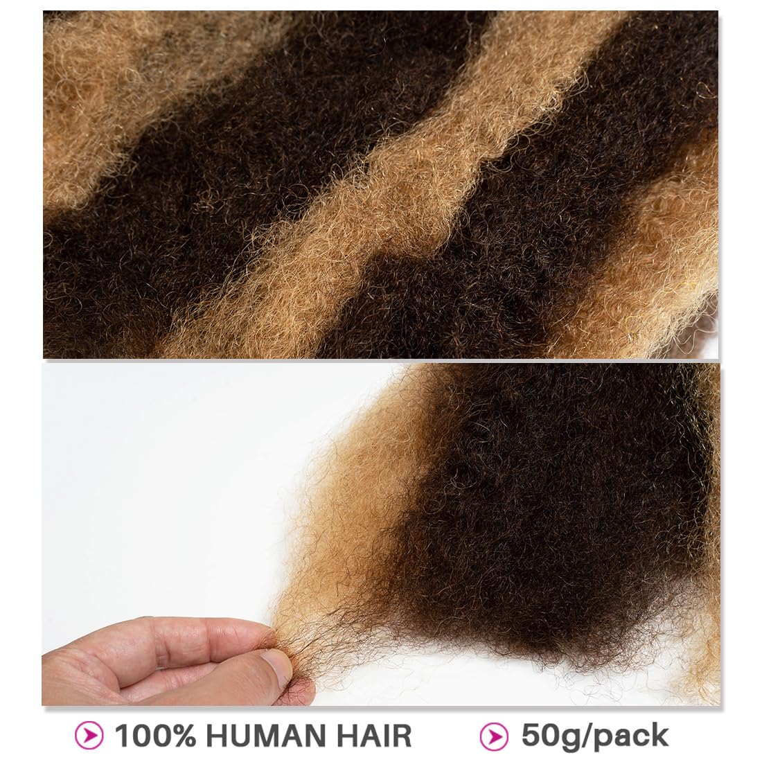 QVR Afro Kinkys Bulk Human Hair Braiding for Lock Repairs, Dreadlock Extensions, Twists Highlight Color