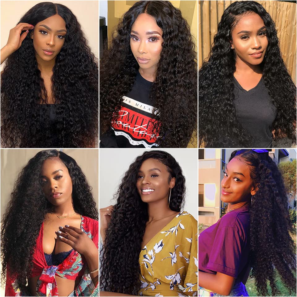 #1B Deep Curly Bundles Human Hair Color 1B Kinky Curly Bundles 8a Grade Double Weft Brazilian Remy Hair Weave Extensions Wet and Wavy Bundles Soft Silky for Black Women (26 28 30 inch,3 Bundles)