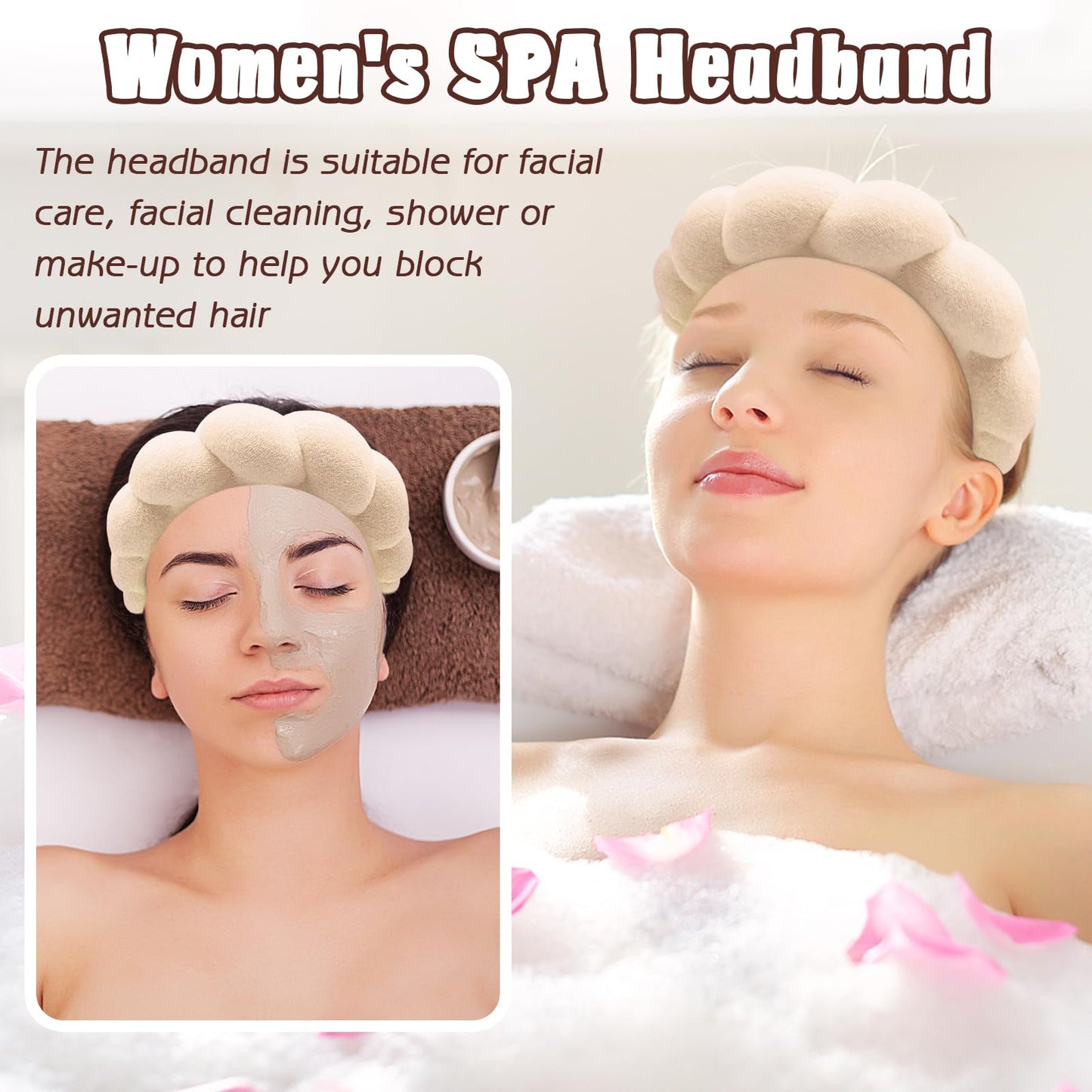 Zkptops Spa Headband for Women Sponge Makeup Skincare Headband Washing Face Wristband Set Terry Cloth Bubble Soft Get Ready Hairband Puffy Padded Headwear Non Slip Thick Hair Accessory(Beige)