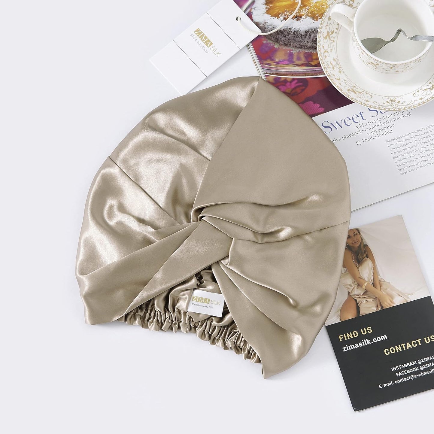 ZIMASILK 22 Momme 100% Mulberry Silk Sleep Cap for Women Hair Care,Natural Silk Night Bonnet with Elastic Stay On Head (One Size, Taupe)