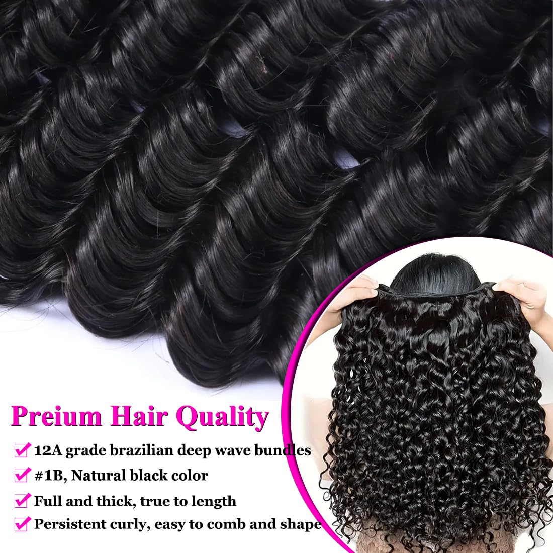 Deep Wave Human Hair Bundles 18 20 22 Inch Deep Curly Bundles Human Hair 100% Unprocessed Brazilian Virgin Weave 3 Bundles Wet and Wavy Human Hair Bundles Double Weft Water Wave Bundles Natural Black