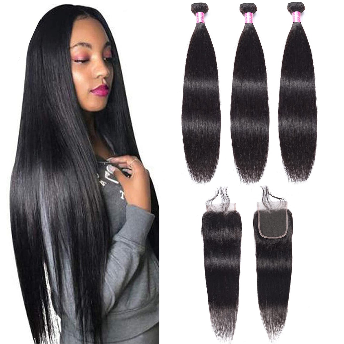Peruvian Straight Human Hair Bundles with Closure(16 18 20+12) Unprocessed Virgin Human Hair 3 Bundles with Closure 10A Straight Hair Weave Bundles with Lace Closure Natural Color