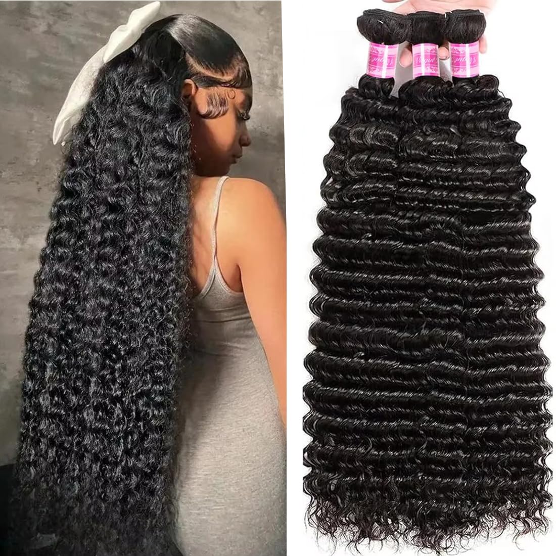 Deep Wave Human Hair Bundles 18 20 22 Inch Deep Curly Bundles Human Hair 100% Unprocessed Brazilian Virgin Weave 3 Bundles Wet and Wavy Human Hair Bundles Double Weft Water Wave Bundles Natural Black