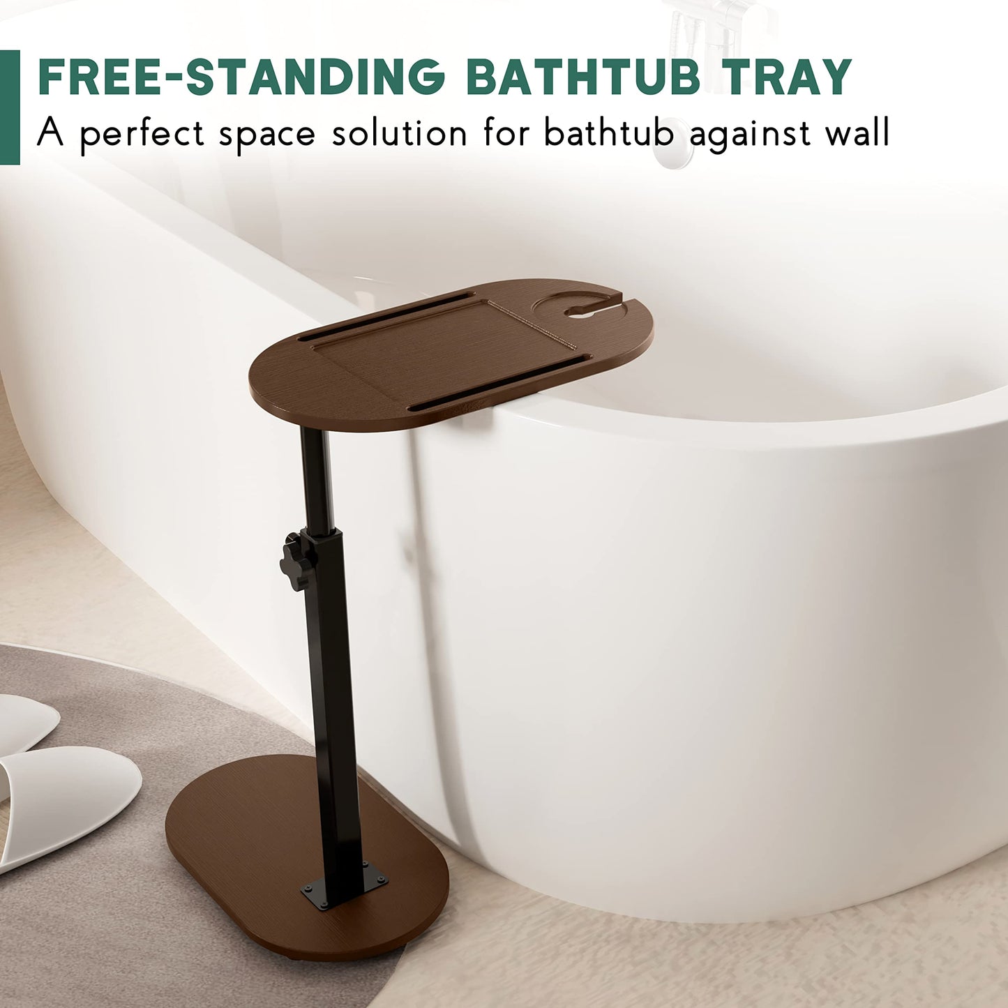 Yumkfoi Bamboo Bathtub Tray Table with Adjustable Height, Freestanding Bath Caddy Side Table for Tub Against Wall, Tub Shelf with Wine Glass Phone Holder, Functional Tray - Patent Protected (Brown)