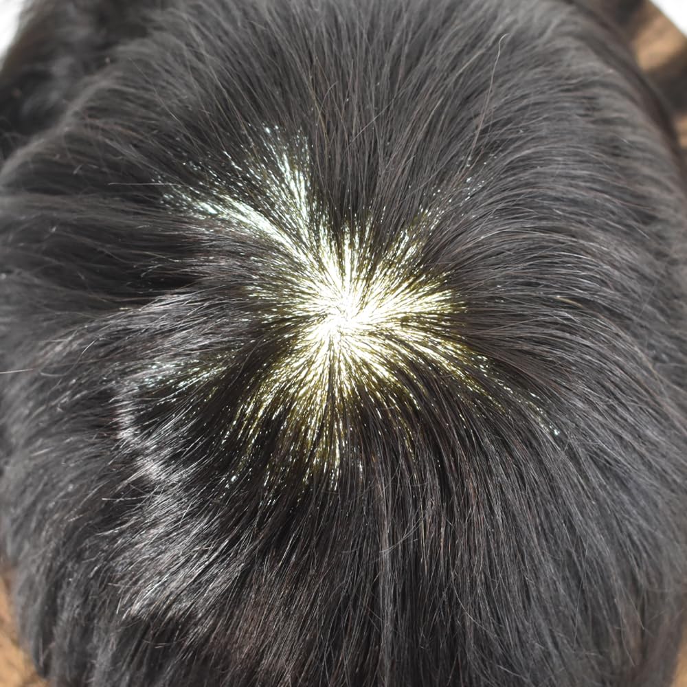 Hair Wonders PU Toupee For Mens Hair Piece Real Human Hair Poly Skin Mens Toupee Hair System For Men Hair Piece For Men Hair Replacement Natural Hairline 8x10Inch Medium light density 1# JET BLACK