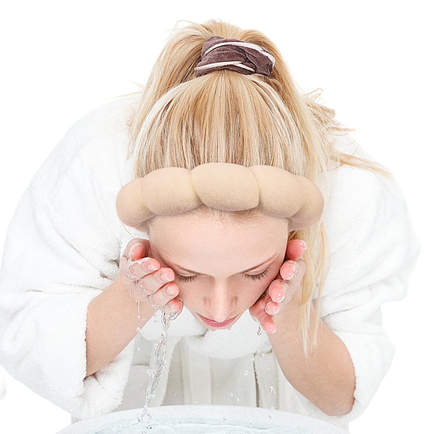 Zkptops Spa Headband for Women Sponge Makeup Skincare Headband Washing Face Wristband Set Terry Cloth Bubble Soft Get Ready Hairband Puffy Padded Headwear Non Slip Thick Hair Accessory(Beige)
