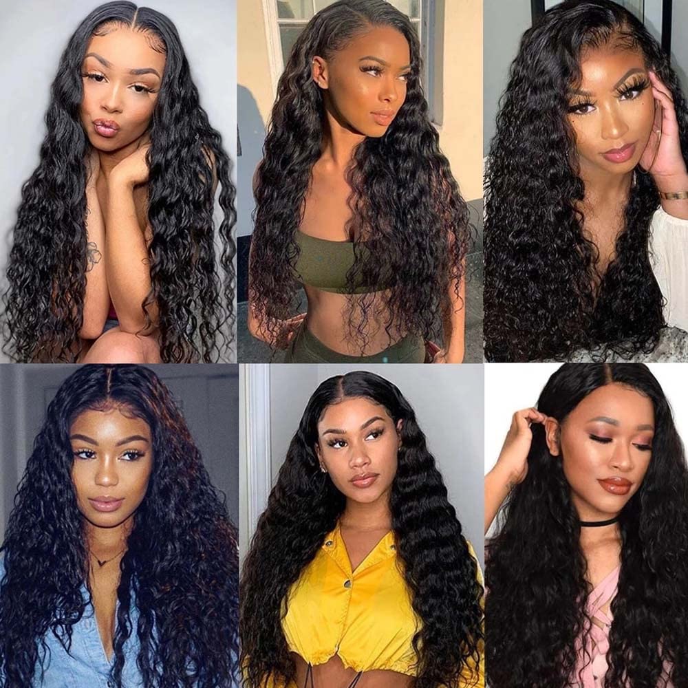 #1B Deep Water Wave Bundles Human Hair Color 1B Water Curly Weave Bundles Double Weft Brazilian Remy Hair Weave Extensions Wet and Wavy Bundles Soft Silky for Black Women (26 28 30 inch,3 Bundles)