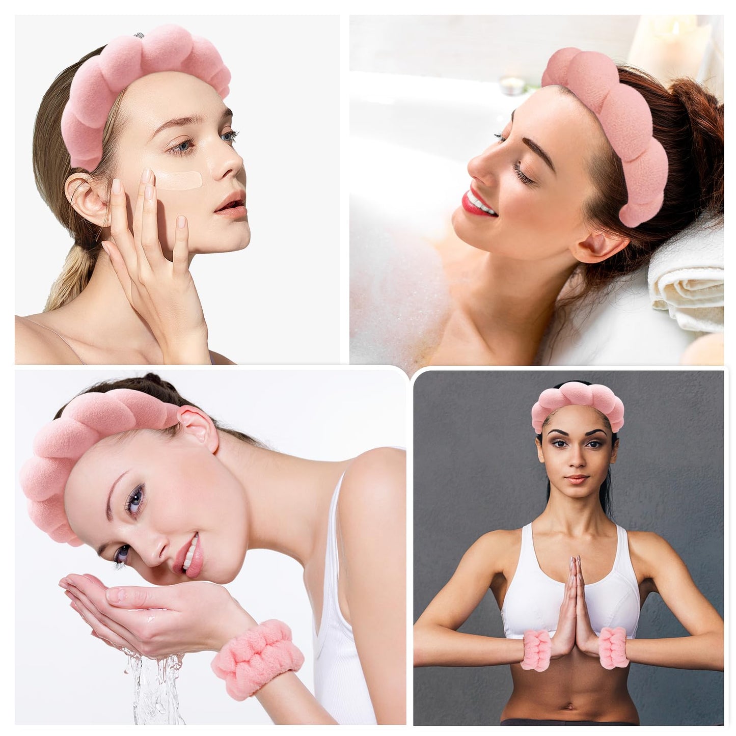 Zkptops Spa Headband for Washing Face Wristband Set Sponge Makeup Skincare Terry Cloth Bubble Soft Get Ready Hairband for Women Girl Puffy Padded Headwear Non Slip Thick Hair Accessory(Orange Pink-2)