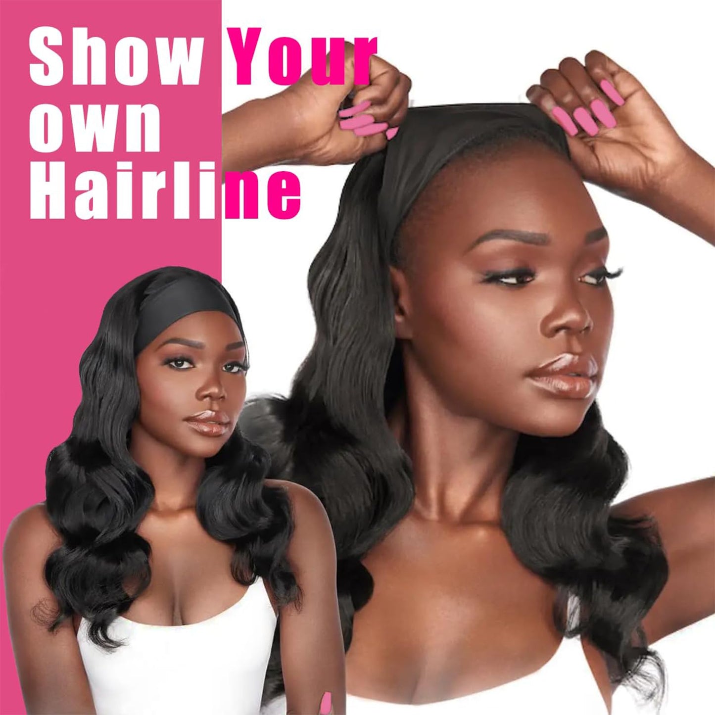 24 Inch Headband Wig Human Hair Body Wave Headband Half Wigs Human Hair 10A Brazilian Glueless Human Hair Wigs None Lace Front Wigs Wear and Go Wigs for Black Women 150% Density Wigs Natural Color