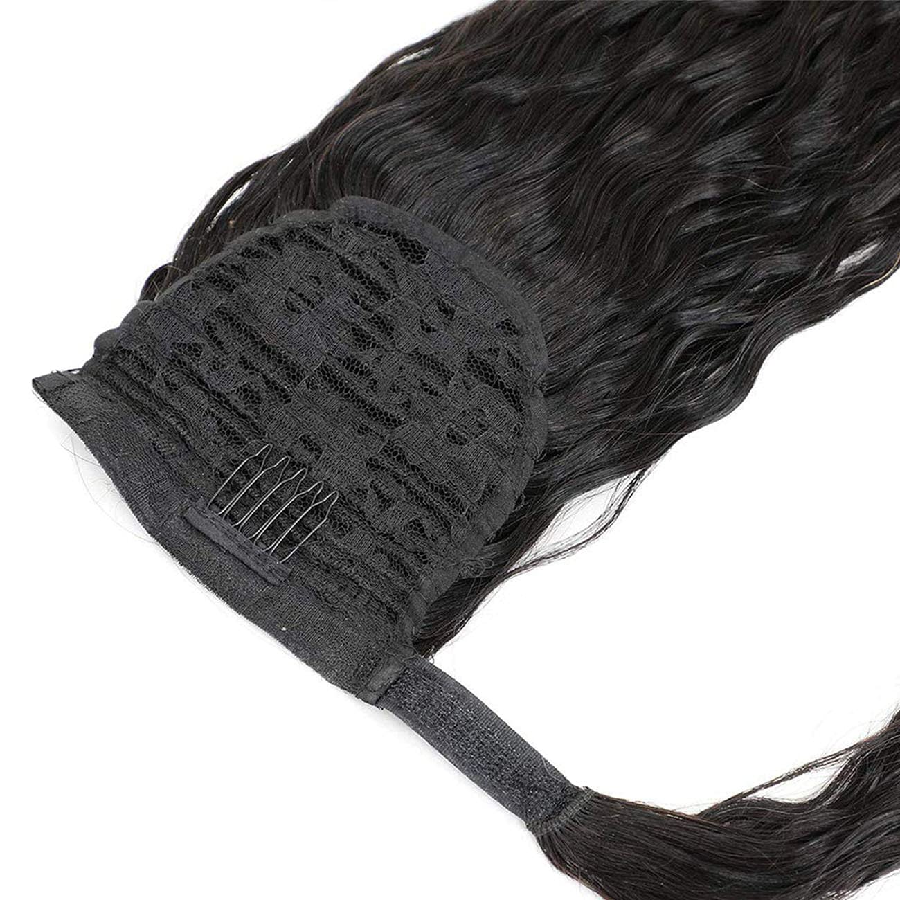 100% Real Human Hair Ponytail Wrap Around Hair Extensions Water Wave, Magic Paste Natural Wavy Deep Curly Ponytail for Black Women (12 Inch)