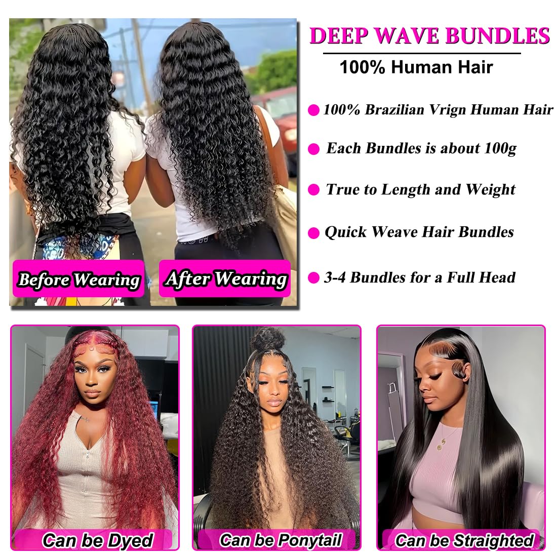 Deep Wave Human Hair Bundles 18 20 22 Inch Deep Curly Bundles Human Hair 100% Unprocessed Brazilian Virgin Weave 3 Bundles Wet and Wavy Human Hair Bundles Double Weft Water Wave Bundles Natural Black