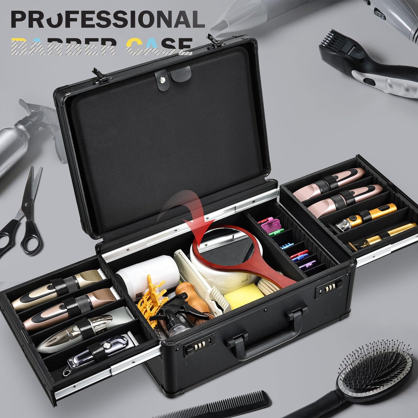 Yueieoun Barber Case with Clippers Sliding Tray, Profesional Barbers Briefcase Tool Case, Barber Cases for Clippers and Supplies, Hair Scissors Trimmer Organizer, Salon Grooming Hard Travel Suitcase