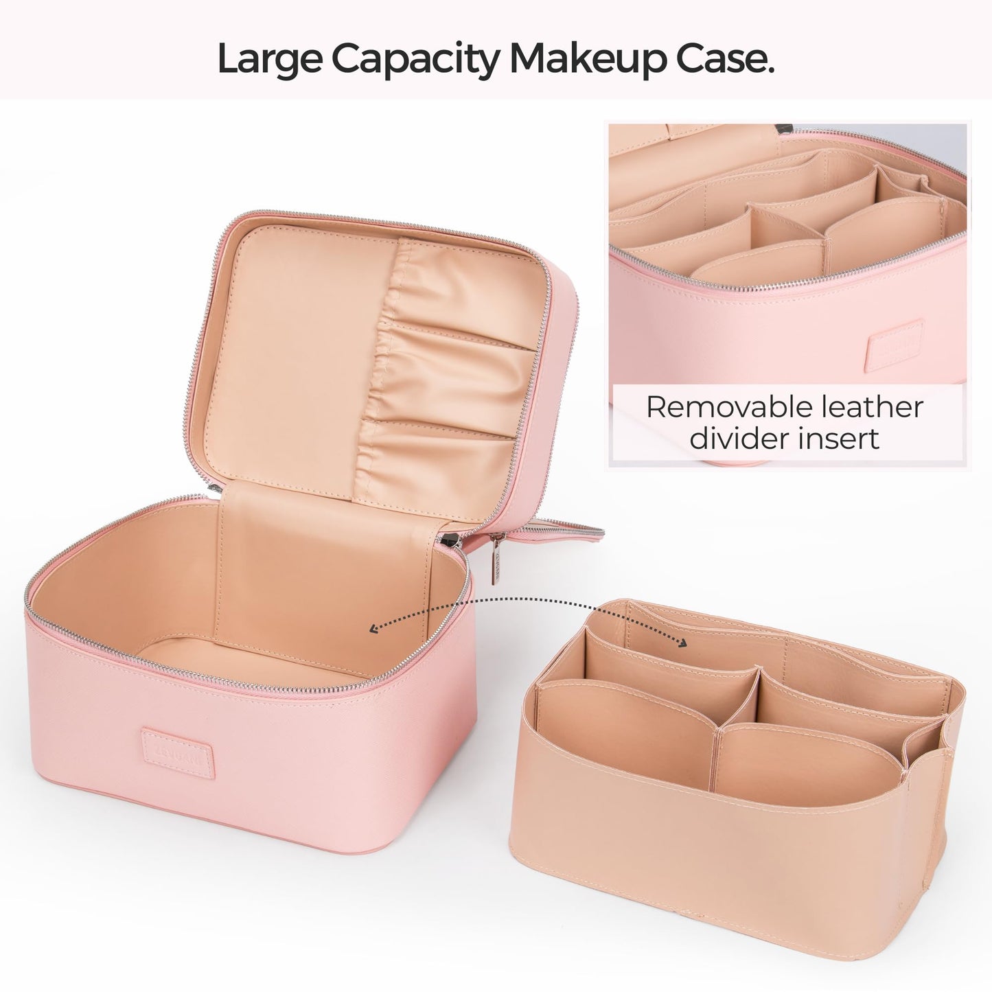 ZEVGANI Vanity Case, Leather Makeup Bag with Mirror, Large Travel Make up Cosmetic Organizer Dual Compartments Brush Storage & Removable Divider for Full-Size Toiletries Skincare, Pink