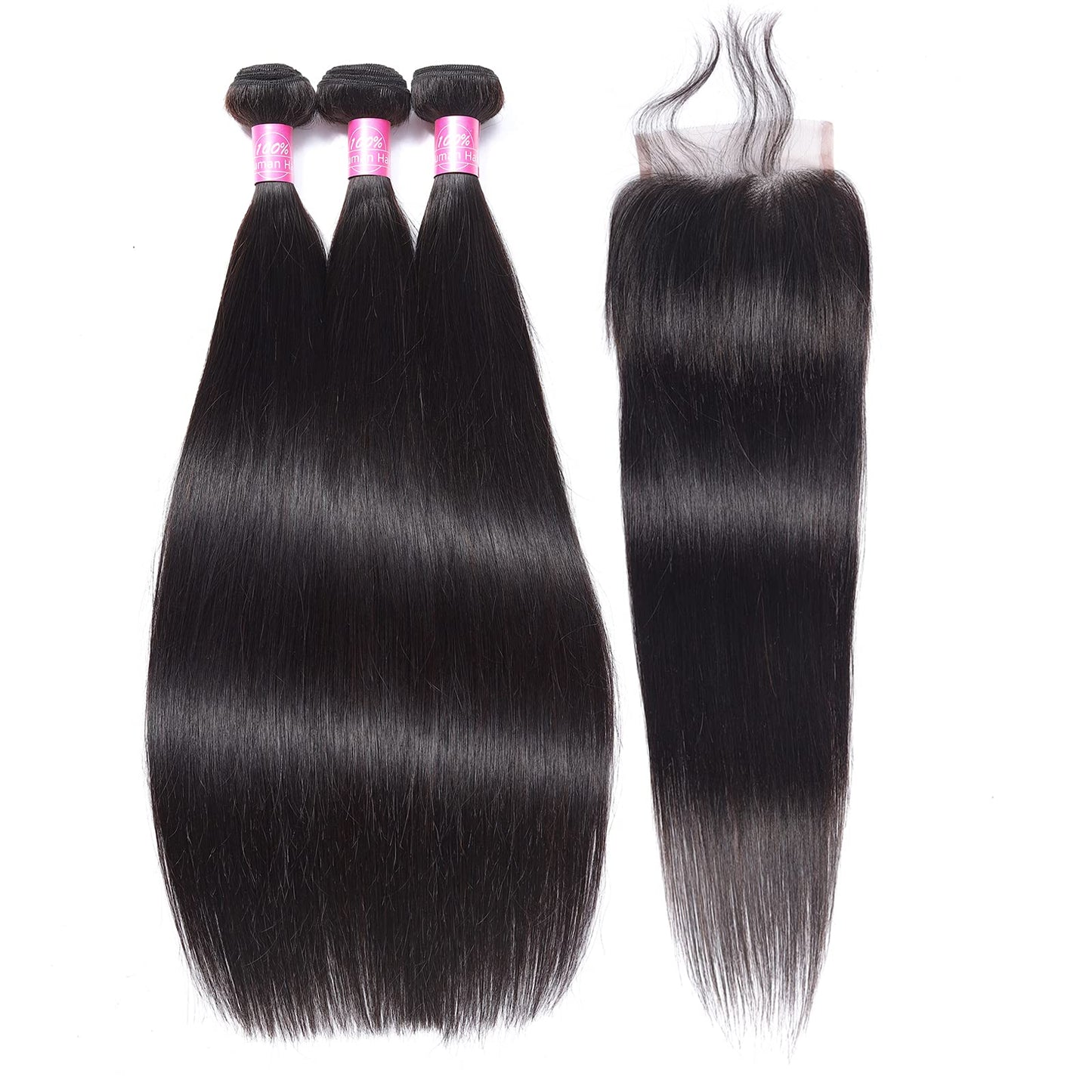 Peruvian Straight Human Hair Bundles with Closure(16 18 20+12) Unprocessed Virgin Human Hair 3 Bundles with Closure 10A Straight Hair Weave Bundles with Lace Closure Natural Color
