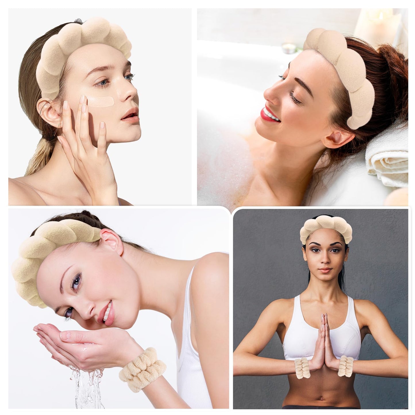 Zkptops Spa Headband for Women Sponge Makeup Skincare Headband Washing Face Wristband Set Terry Cloth Bubble Soft Get Ready Hairband Puffy Padded Headwear Non Slip Thick Hair Accessory(Beige)