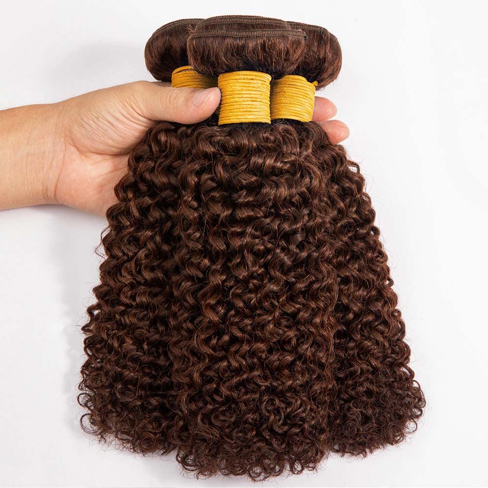 #4 Dark Brown Deep Curly Weave Bundles Human Hair Chocolate Brown Kinky Curly Bundles Double Weft Brazilian Remy Hair Extensions Wet and Wavy Bundles Silky Soft for Black Women(26 26 26 Inch)