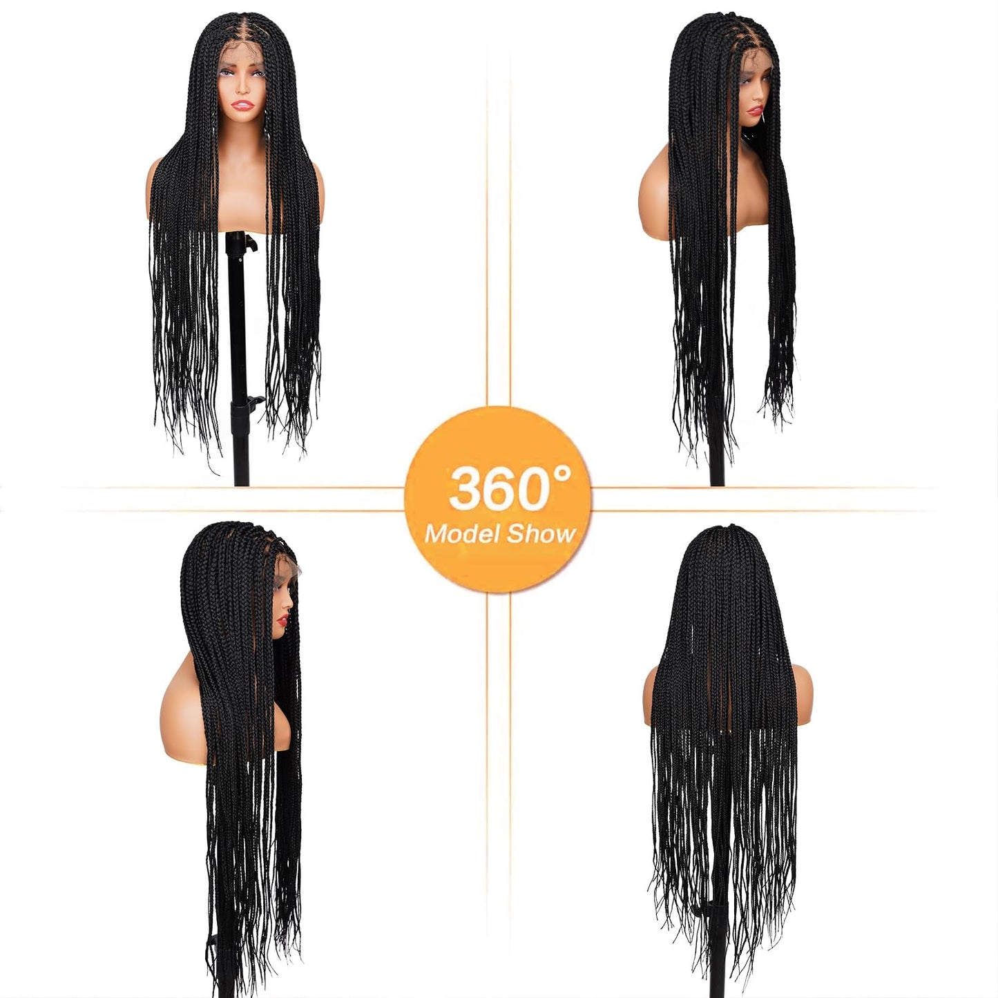 Top Remy Box Braided Wigs For Women 36" Full Double Lace Braided Wig With Baby Hair Large Square Knotless Long Braided Wigs Synthetic Handmade Full Lace Braided Wig