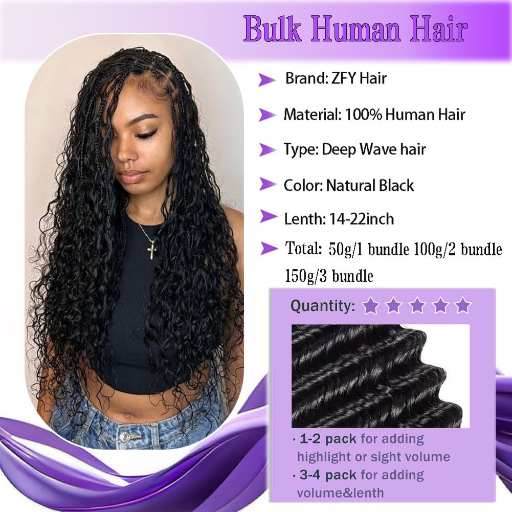 ZFY Human Braiding Hair 150g 22 Inch Deep Wave Bulk Human Hair for Braiding Boho Braids 100% Unprocessed Brazilian Virgin Human Hair Extensions No Weft 3 Bundle/Pack Natural Color