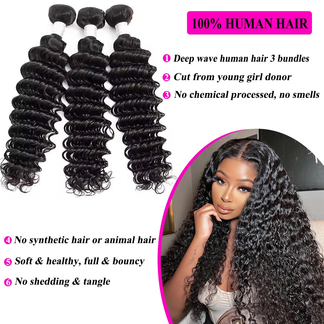 Deep Wave Human Hair Bundles 18 20 22 Inch Deep Curly Bundles Human Hair 100% Unprocessed Brazilian Virgin Weave 3 Bundles Wet and Wavy Human Hair Bundles Double Weft Water Wave Bundles Natural Black