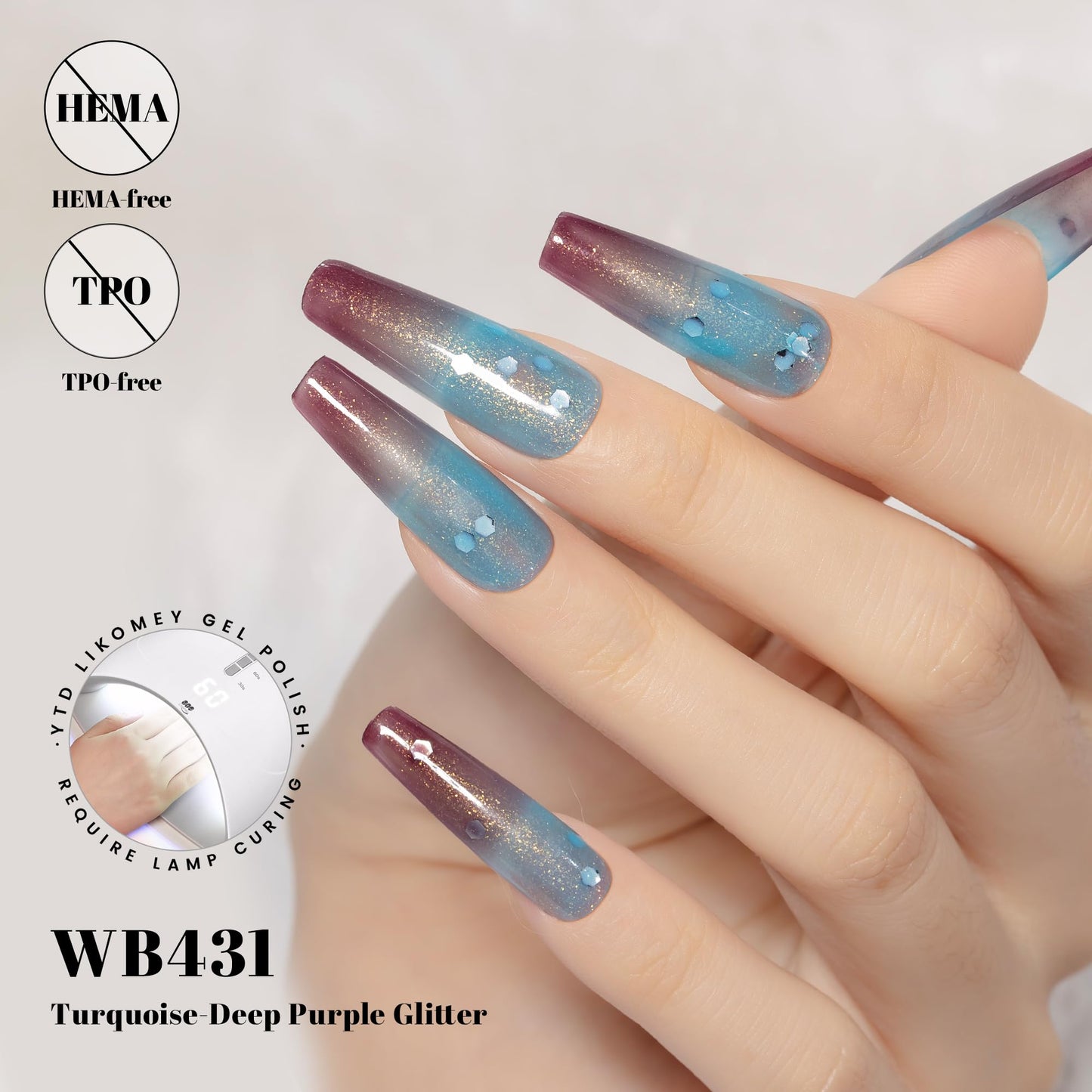 YTD Likomey Color Changing Gel Nail Polish,HEMA Free TPO Free,15ml Turquoise To Deep Purple Shimmer Glitter Mood Temperature Change Colors,Spring Summer Thermal Ombre Manicure Varnish,WB431