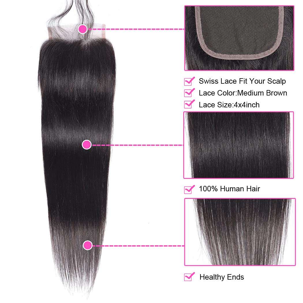 Peruvian Straight Human Hair Bundles with Closure(16 18 20+12) Unprocessed Virgin Human Hair 3 Bundles with Closure 10A Straight Hair Weave Bundles with Lace Closure Natural Color