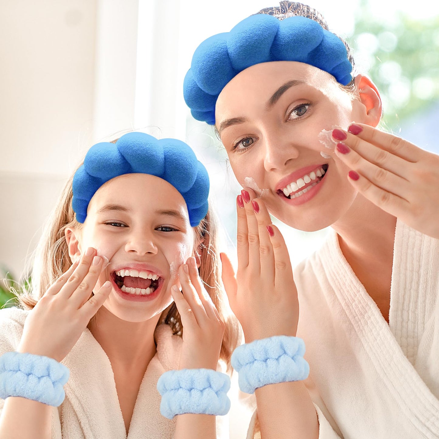 Zkptops Spa Headbands for Washing Face Wristband Set Sponge Makeup Skin Care Headband Towels Bubble Soft Hairband for Women Girls Puffy Headwear Winter Non Slip Thick Thin Hair Accessory(Dark Blue-3)