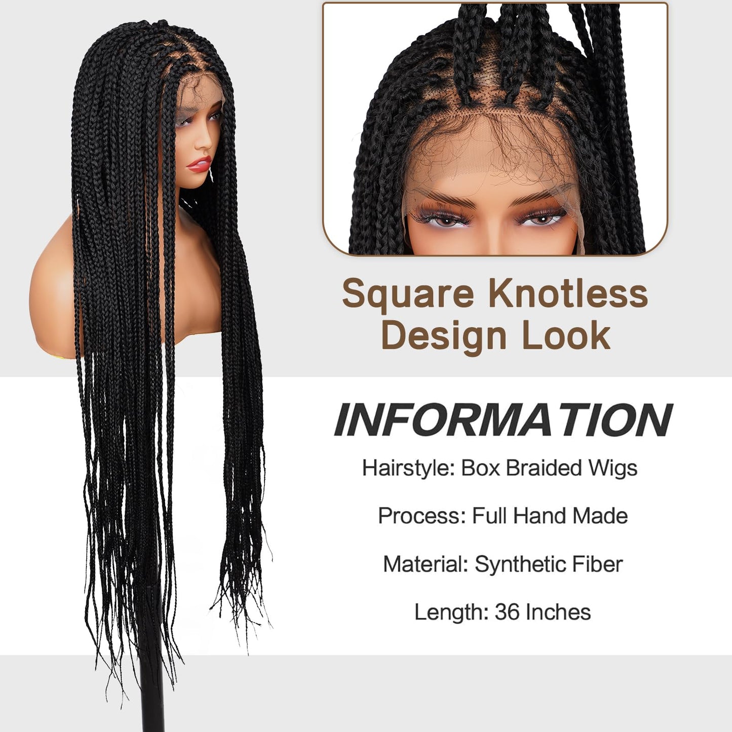 Top Remy Box Braided Wigs For Women 36" Full Double Lace Braided Wig With Baby Hair Large Square Knotless Long Braided Wigs Synthetic Handmade Full Lace Braided Wig