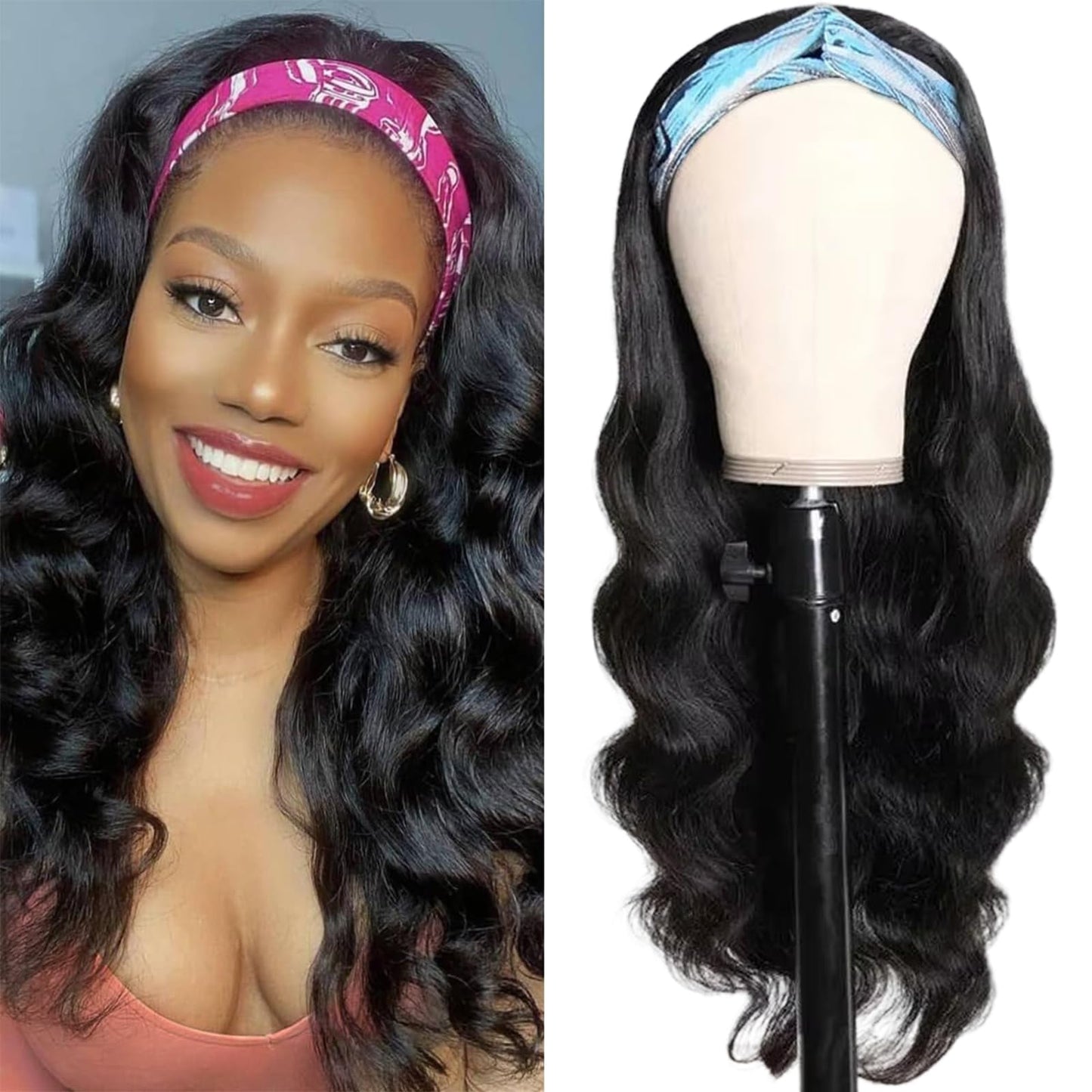 24 Inch Headband Wig Human Hair Body Wave Headband Half Wigs Human Hair 10A Brazilian Glueless Human Hair Wigs None Lace Front Wigs Wear and Go Wigs for Black Women 150% Density Wigs Natural Color