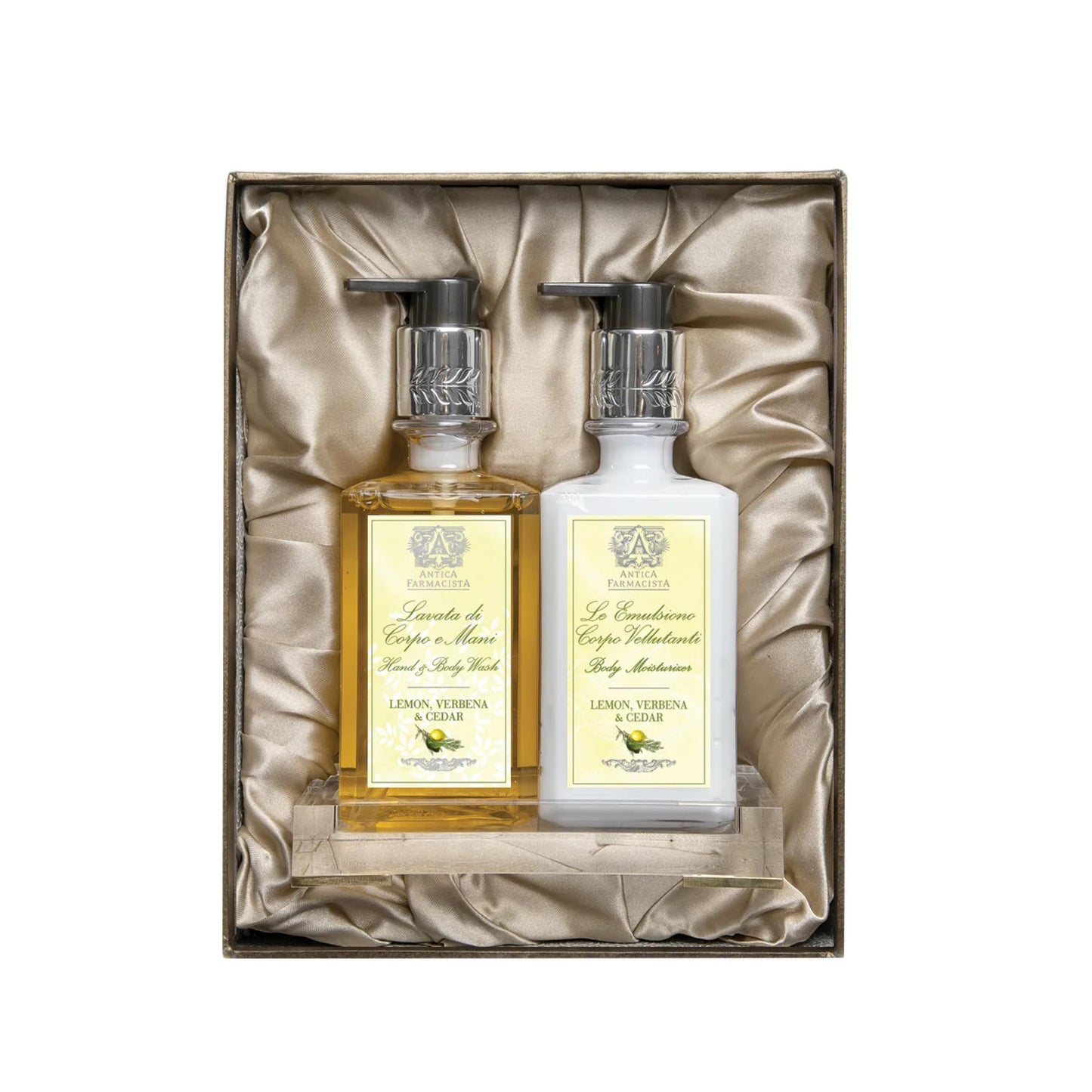 Antica Farmacista Acrylic Bath & Body Gift Set - Includes Body Wash, Body Moisturizer & Acrylic Tray - Holiday Body Care Gift Set for Women & Men - Lemon Verbena & Cedar